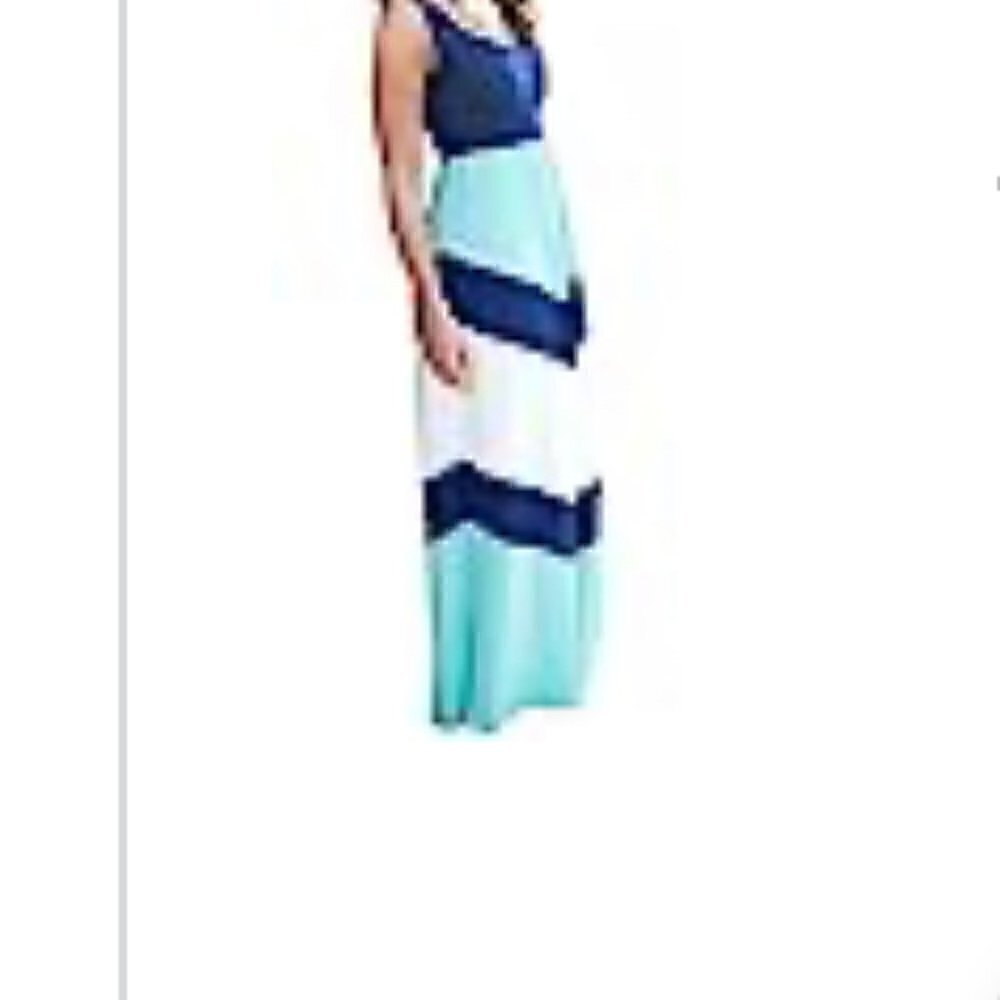 Scoop Neck Wave Striped Maxi Dress NWOT Teal & White Size M - Picture 2 of 3